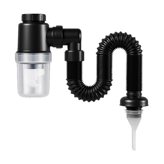 de drenaje del fregadero juego de tuberías de desagüe multifunción para fregadero, desagüe de , adaptador extensible fácil de instalar, desagüe de lavabo, de tubo de drenaje flexible negro de polipropileno 4,3 cm (1.69 pul.), vista frontal con codo roscado, sifón en U desmontable, tramo corrugado extensible en espiral formando una S y copa colectora transparente visible; diseño de gran diámetro con espacio para sello de agua en U, también suele usarse para instalaciones temporales en áreas de lavado.