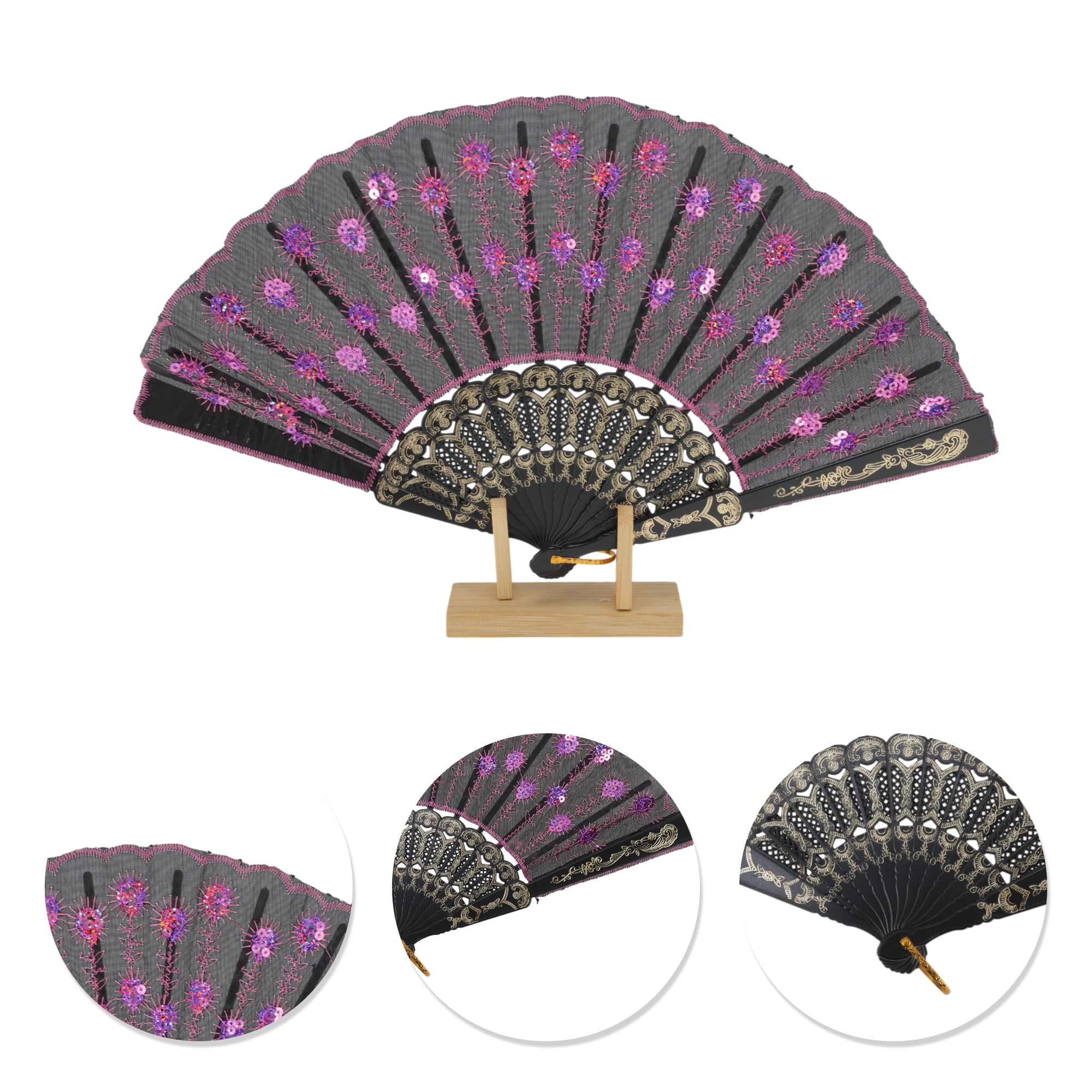 Unique Bargains Beautiful Sequins Folding Fan 1 Pc Pink