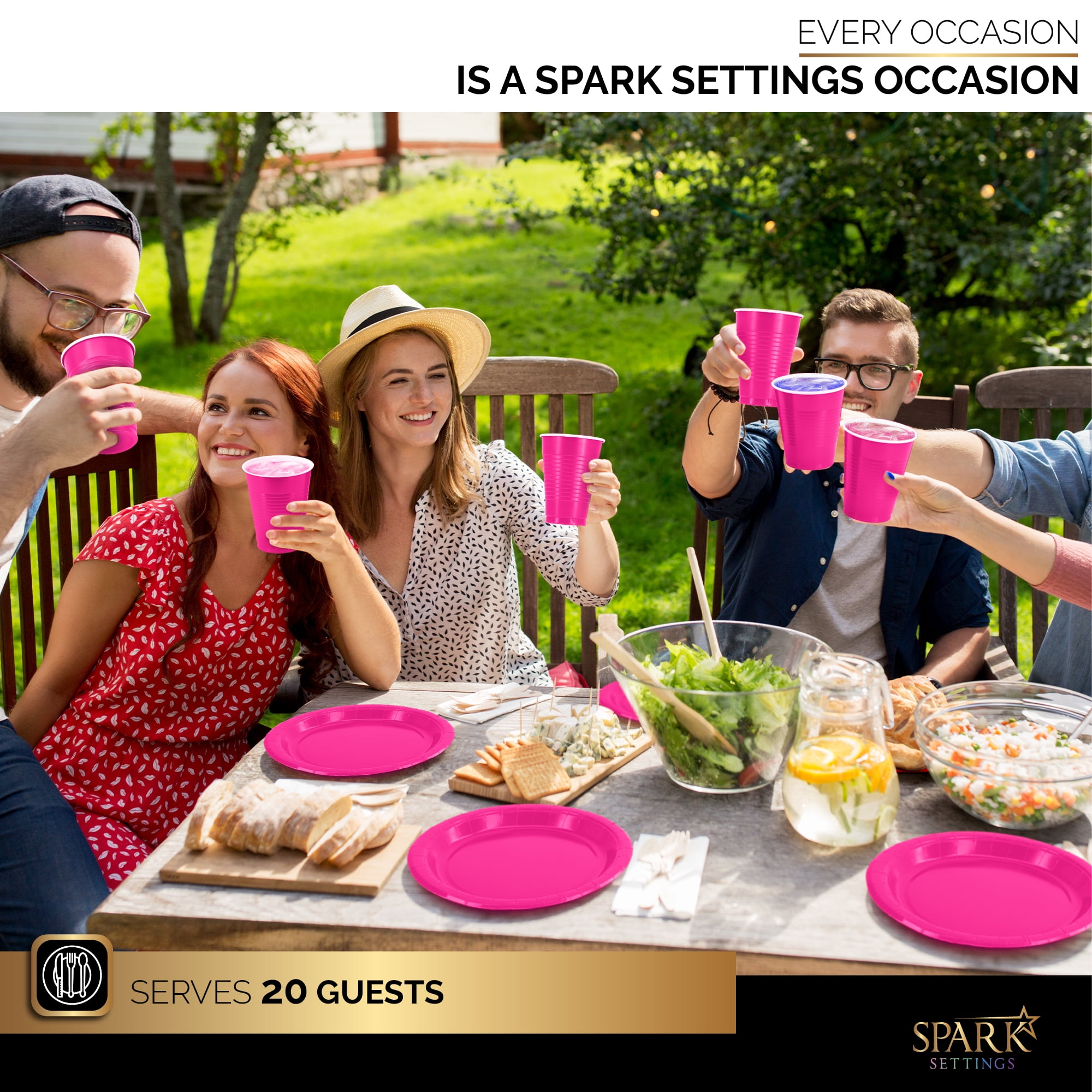 Bright Pink Party Supplies Set Paper Plates Plastic Cups Forks Knives Spoons Napkins Tablecloth Serves 20 Guests Disposable Dinnerware Set of 222 Pieces, Complete Tableware for Party -By SparkSettings