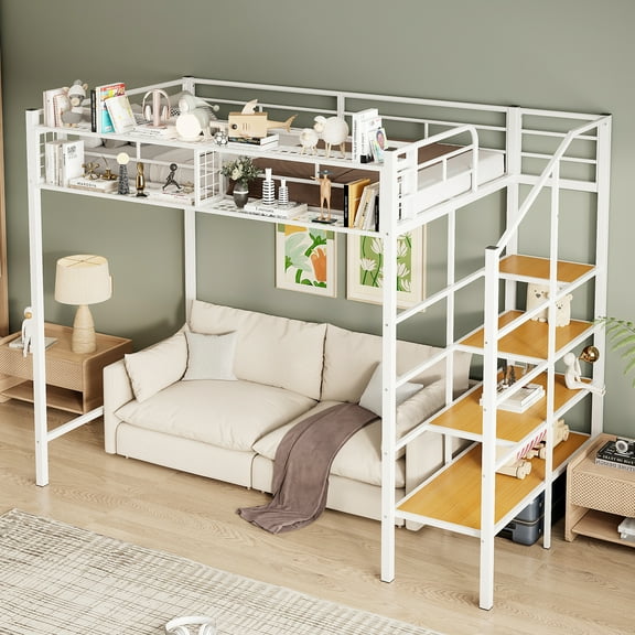 Harper & Bright Designs Twin Size Metal Loft Bed with Upper Grid Storage Shelf, Heavy Duty Metal Bed Frame with Storage Staircase for Bedroom Apartment, White