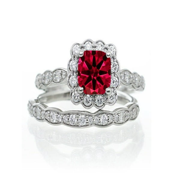 2 Carat Cushion Cut Red Ruby And Diamond Moissanite Halo Bridal Ring Set On 10K Rose Gold, Promise Ring, Anniversary Gift