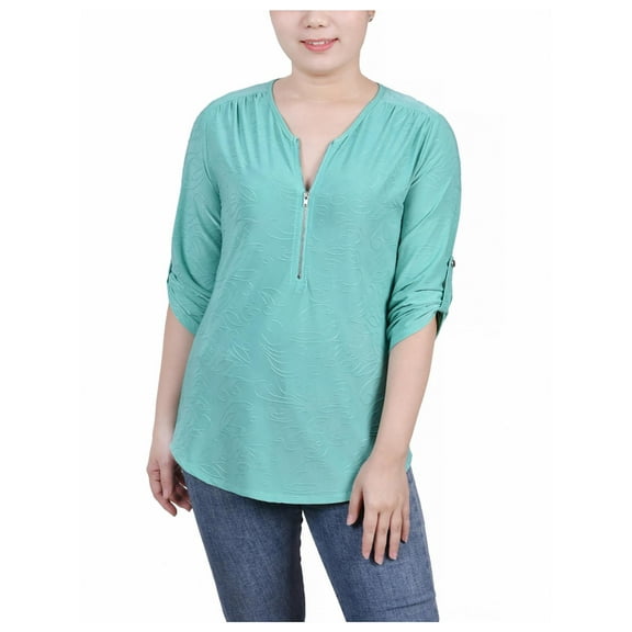 NY Collection Womens Petites Crewneck Rolled Sleeves Blouse