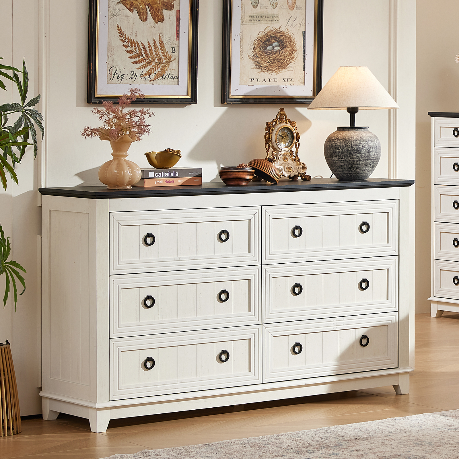 Joaxswe Dresser for Bedroom, Wide Dresser with 6 Drawers and Antique Handles, Chest of Drawers for Living Room, Entryway and Hallway, White