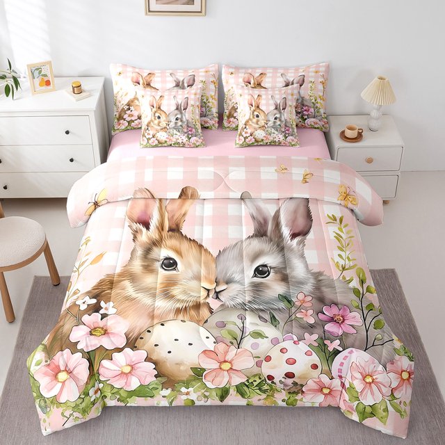 Erosebridal Easter Rabbit Bedding Sets Twin Size,Cute Eggs Comforter Sets with Sheets,Girly Plaid Room Decorative,Reversible,7pcs