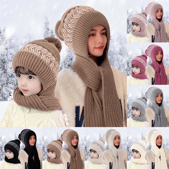 Only Moment Unisex Beanie for Men Women Beige Scarf Integrated Pullover Cap Polyester Unisex Windproof Stretchy Knit Double Layer Cuffed Cap One Size