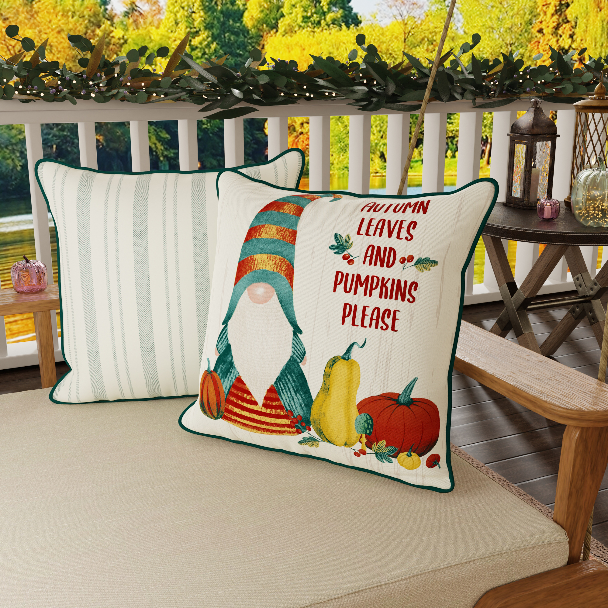 Mainstays Fall Leaves Gnome Reversible Outdoor Throw Pillow, 16", Cream Novelty and Teal Stripe