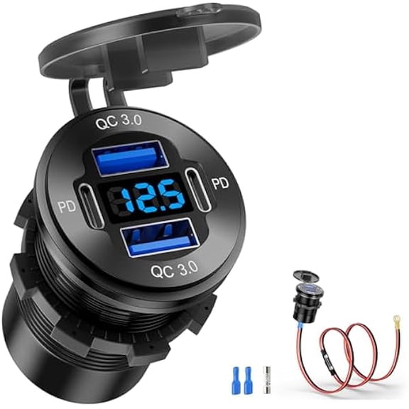 Quyaojz 12V USB Outlet, 4 Port Aluminum Charger Socket 2 C PD & 2 QC3.0 with Voltmeter, 12V/24V Car USB Charger Socket for Car Boat Marine Bus Truck Golf RV Motorcycle and More 1-Pack