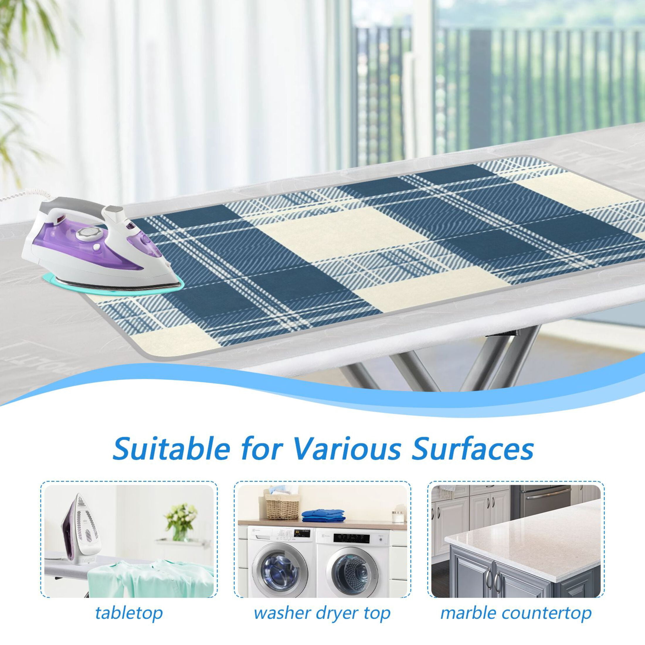 Blue and Beige Wide Plaids Ironing Mat Blanket Portable Travel Ironing Pad Heat Resistant Pad 47.2" x 27.6”