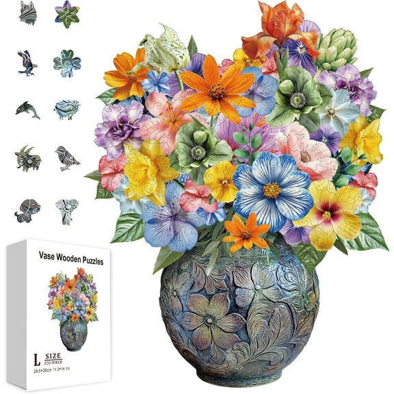 200Pcs Vase Wooden Jigsaw Puzzles for Adult Learning Flowers Wooden Puzzles Colorful Unique Shaped Wood Puzzles Birthday Gifts for Preschool Learning