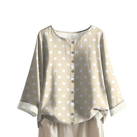 Womens Long Sleeve Tops, Yigetop Women Fashion Casual Button Long Sleeve Printed Tops Shirts Blouses Tops Polka Dot Shirts for Women Beige L