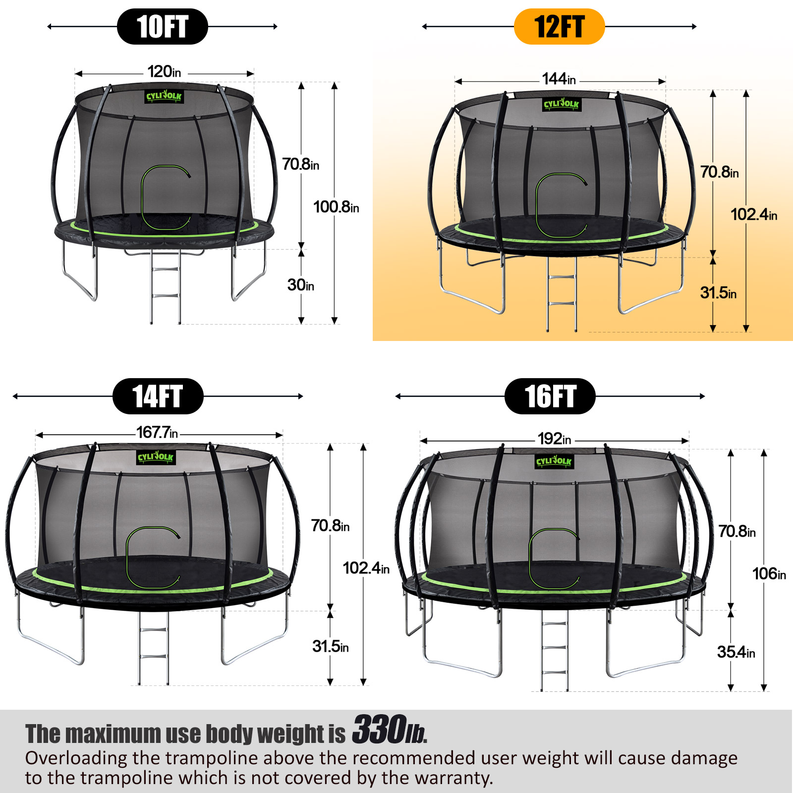 10/12/14/16FT Outdoor Recreational Backyard Heavy Duty Trampoline with Safety Enclosure Net，big trampoline for Kids and Adults,black，green
