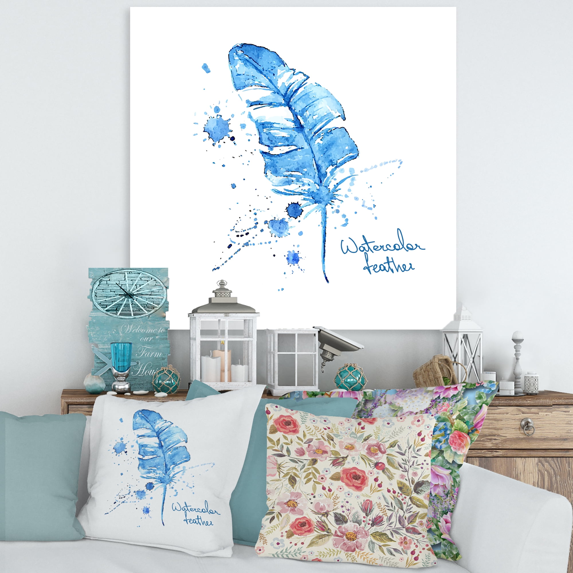 Designart ' Ethnic Blue Feather On White ' Bohemian & Eclectic Canvas Wall Art Print