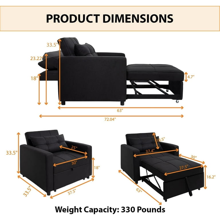 Anna 3 in 1 Convertible Chair Bed Sleeper, Pull Out Sofa Bed, Pull Out Couch,  Sleeper Chair with with Pillow, Pull Out Bed with Adjustable Backrest  Living Room - Black 
