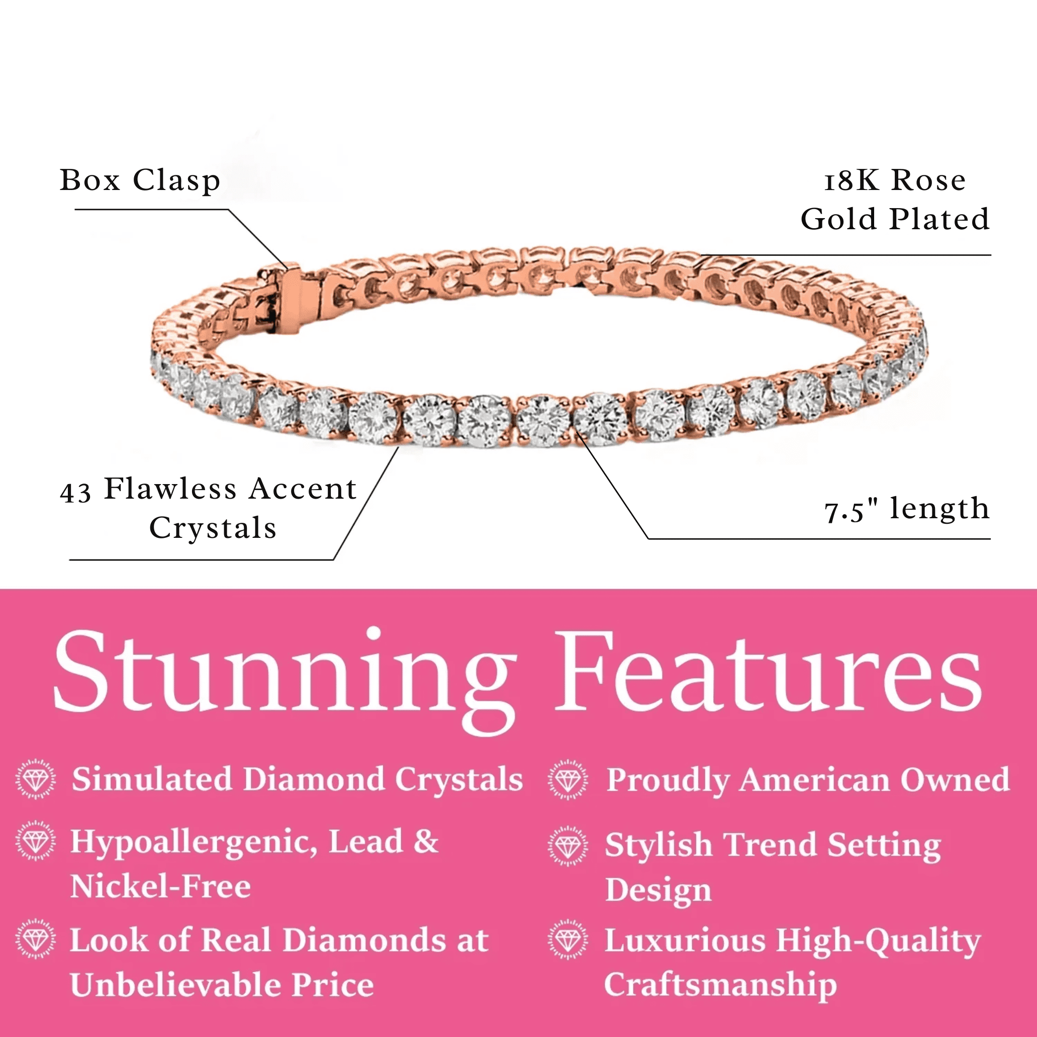 Cate & Chloe Olivia 18k Rose Gold Plated Tennis Bracelet With Simulated Diamond Crystals for Women