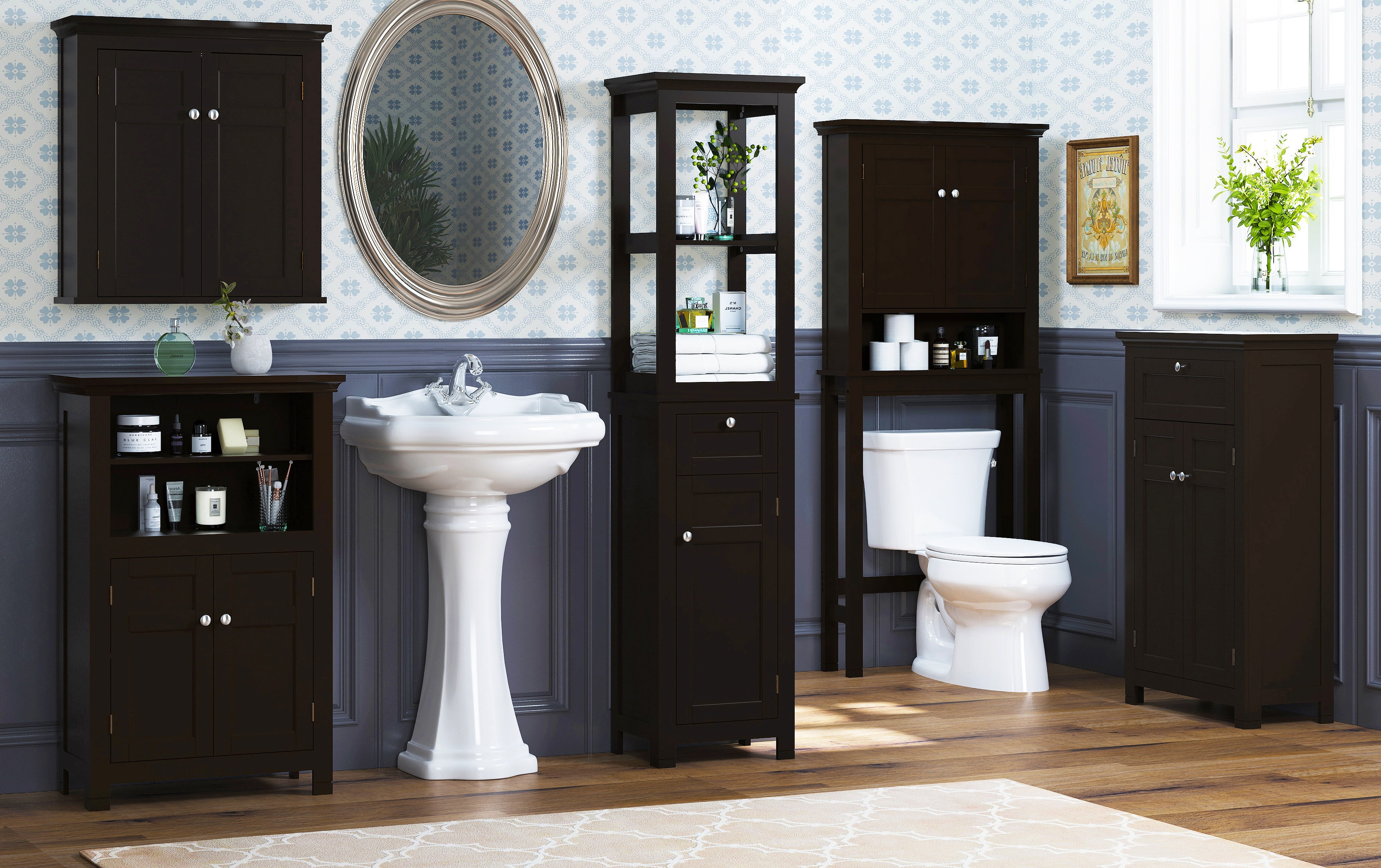 STAROUS Bathroom Freestanding Storage Cabinet with Two Tier Open Shelves, Tall Slim Cabinet with Door and Drawer, Free Standing Linen Tower (Espresso with Drawer)
