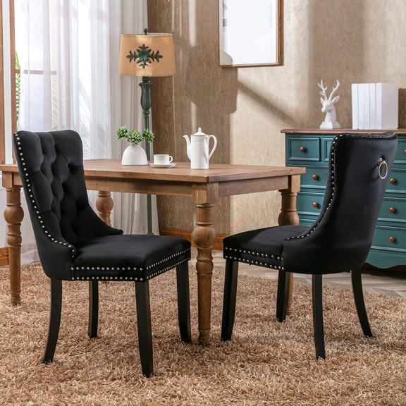 Harmijoy Set of 2 Velvet Upholstered Dining Chairs - Premium Solid Wood Legs, Nailhead Trim,Black