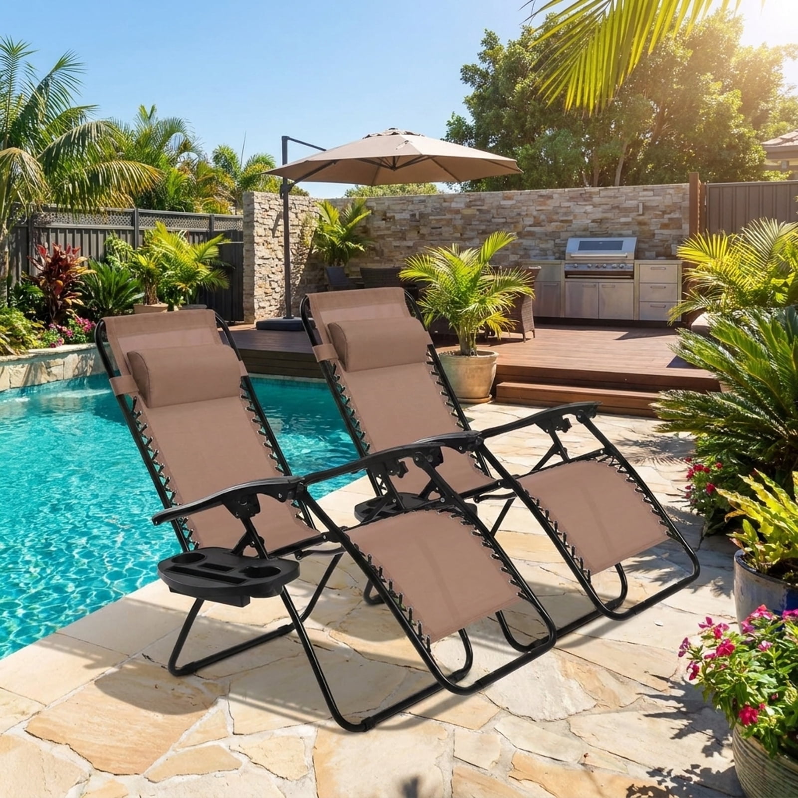 Furnibear 2 Piece Folding Zero Gravity Lounge Chair Set with 0 to 160 Degree Recline Removable Tray Padded Pillow Powder Coated Steel Frame and Bungee Support for Patio, Gray