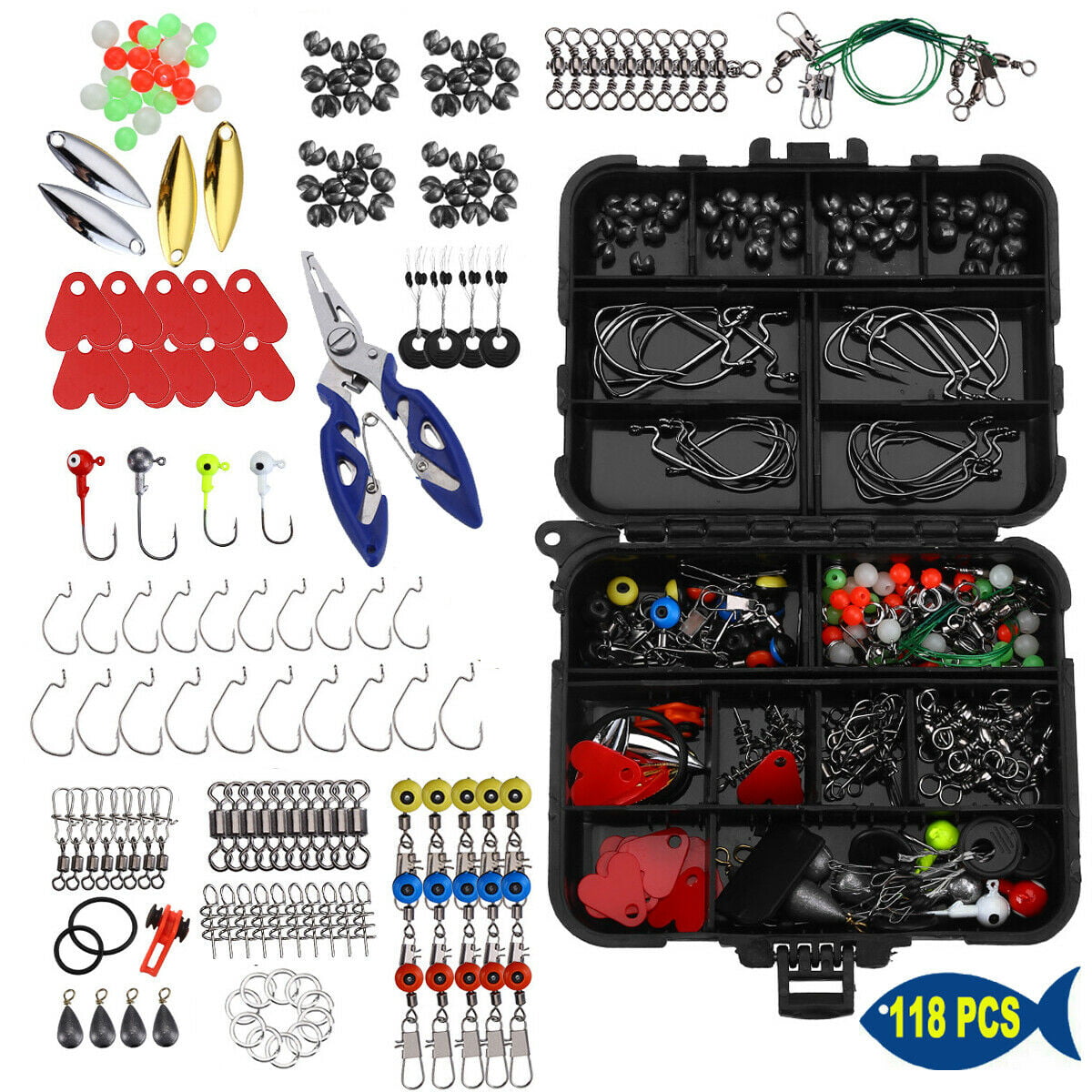 US 188PCS Fishing Accessories Kit with Tackle Box Tools Pliers Jig Hooks Swivels 