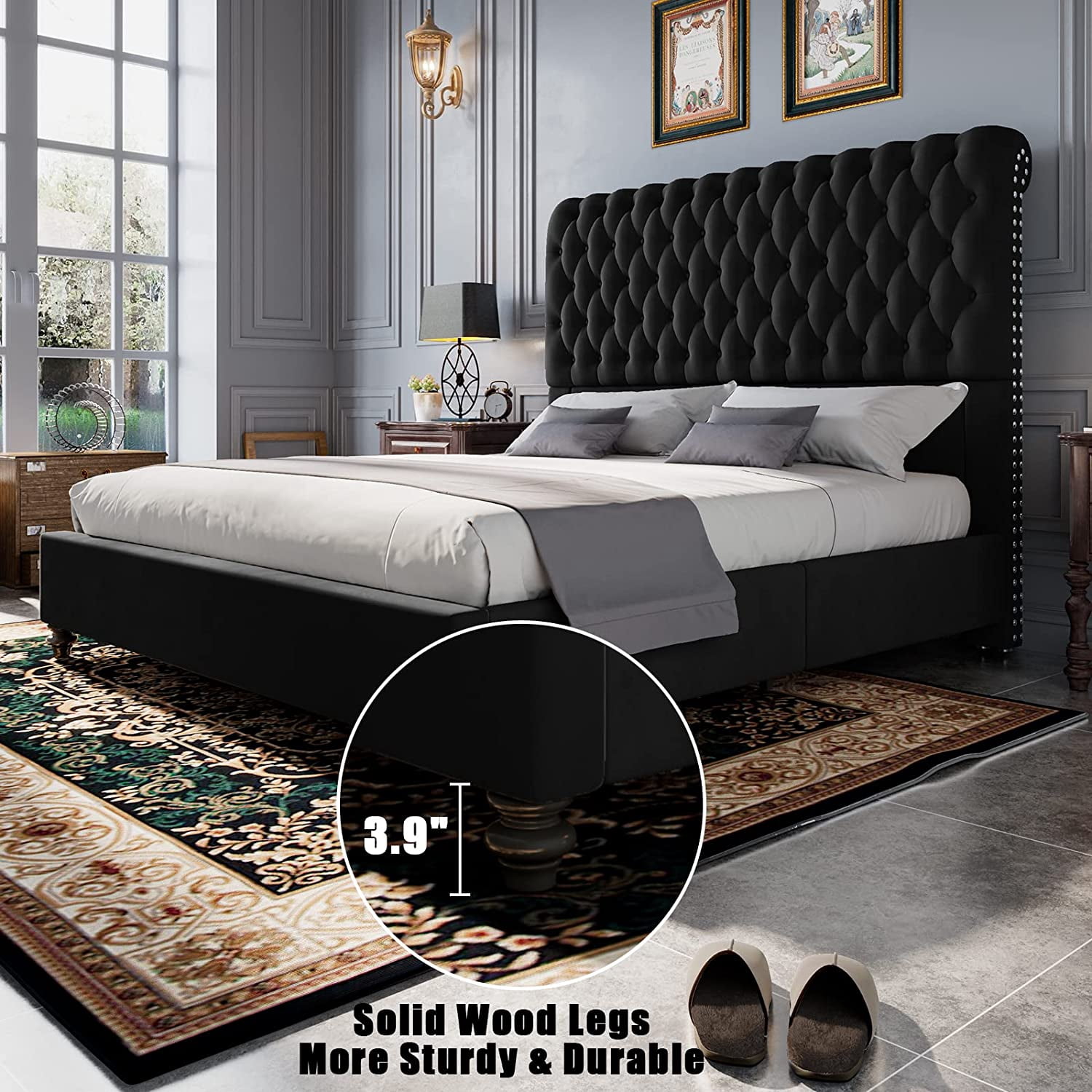 VanAcc Bed Frame Queen Size Low Profile Velvet Upholstered Sleigh Bed Deep Button Rolled Edge Tufted Headboard, Wood Slats Support, Black