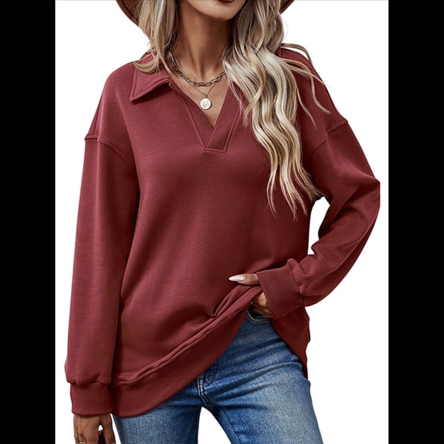 Sudadera con Cuello en V y Larga para Mujer, Estilo Informal, Holgado, de Punto, Estilo Túnica, para Otoño Vino Tinto XL