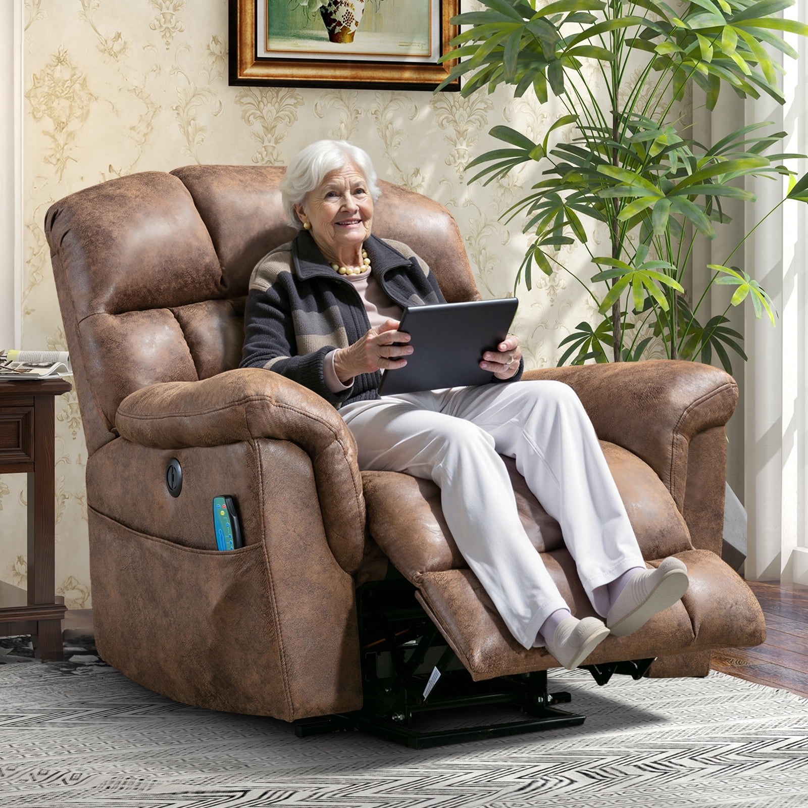 Bonzy Home Power Lift Chair Recliner for Elderly, Suede Fabric Heavy Duty Electric Lift Recliner with Massage,For tall men, Brown