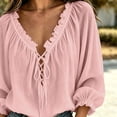 thumbnail image 4 of Elwylmiz Women's 3/4 Sleeve Tops Lace Up V Neck Blouses Boho Ruffled Trim Loose Fit Casual Shirts Summer Fall Outfits, 4 of 7