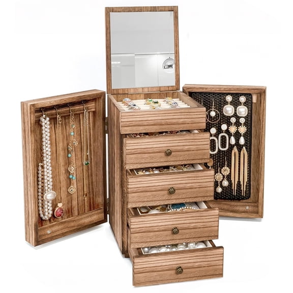Naeqieo Jewelry Box Wood for Women, 5 Layer Large Organizer Box with Mirror & 4 Drawers for Rings, Earrings, Necklaces, Vintage Style, Torched