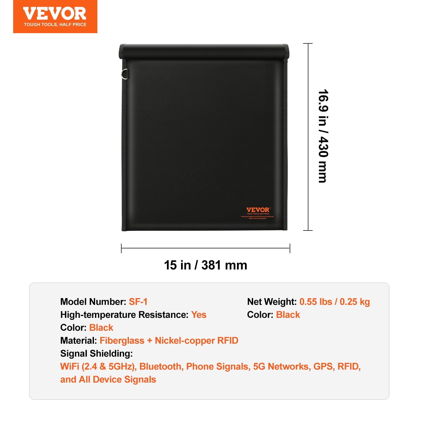 VEVOR Faraday Bag, Faraday Pouch Set for Laptop (16.9 x 15"), Fireproof & Waterproof Faraday Signal Blocking Holder for Car Keys, Phones & Tablets, Anti-Theft Pouch & Anti-Hacking Case Blocker, Black