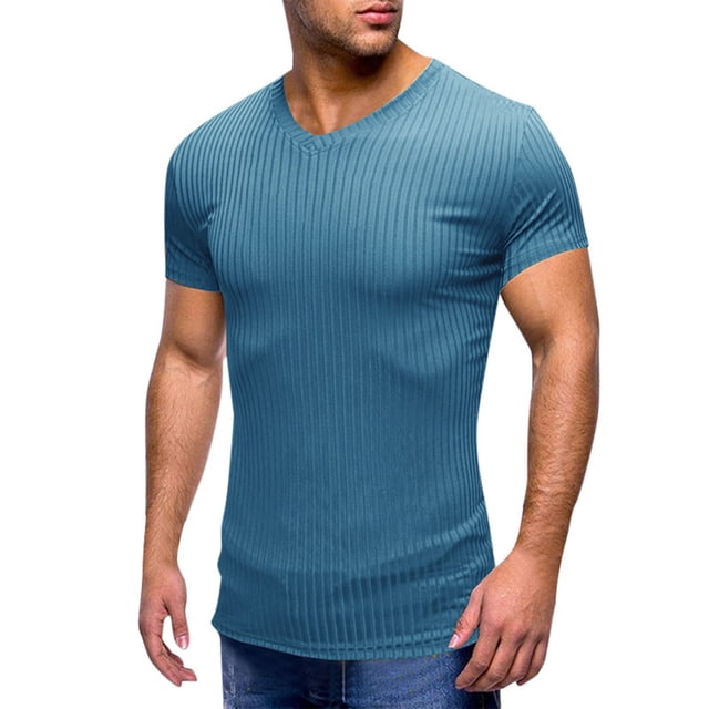 Camiseta de cuello en V ajustada para hombre: camiseta elástica de manga corta para culturismo, 95 % poliéster, 5 % elastano, tejido de canalé para el gimnasio y el entrenamiento.