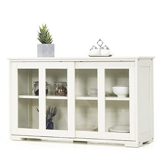 LOKO Stackable Buffet Cabinet, Kitchen Storage Cabinet with Sliding Tempered Glass Doors, Small Sideboard for Kitchen, Dining Room or Living Room, 42 x 13 x 24.5 inches (Cream White)