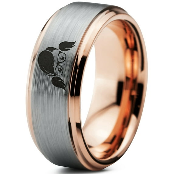 Tungsten Cool Girl Nerd Glasses Geek Hair Game Band Ring 8mm Men Women Comfort Fit 18k Rose Gold Step Bevel Edge Brushed Polished