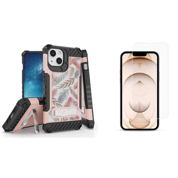 Bemz iPhone 13 Bundle: Tri Shield Shockproof Armor Rugged Case (Pink and Grey Feathers), Premium Glass Screen Protectors (2-Pack)