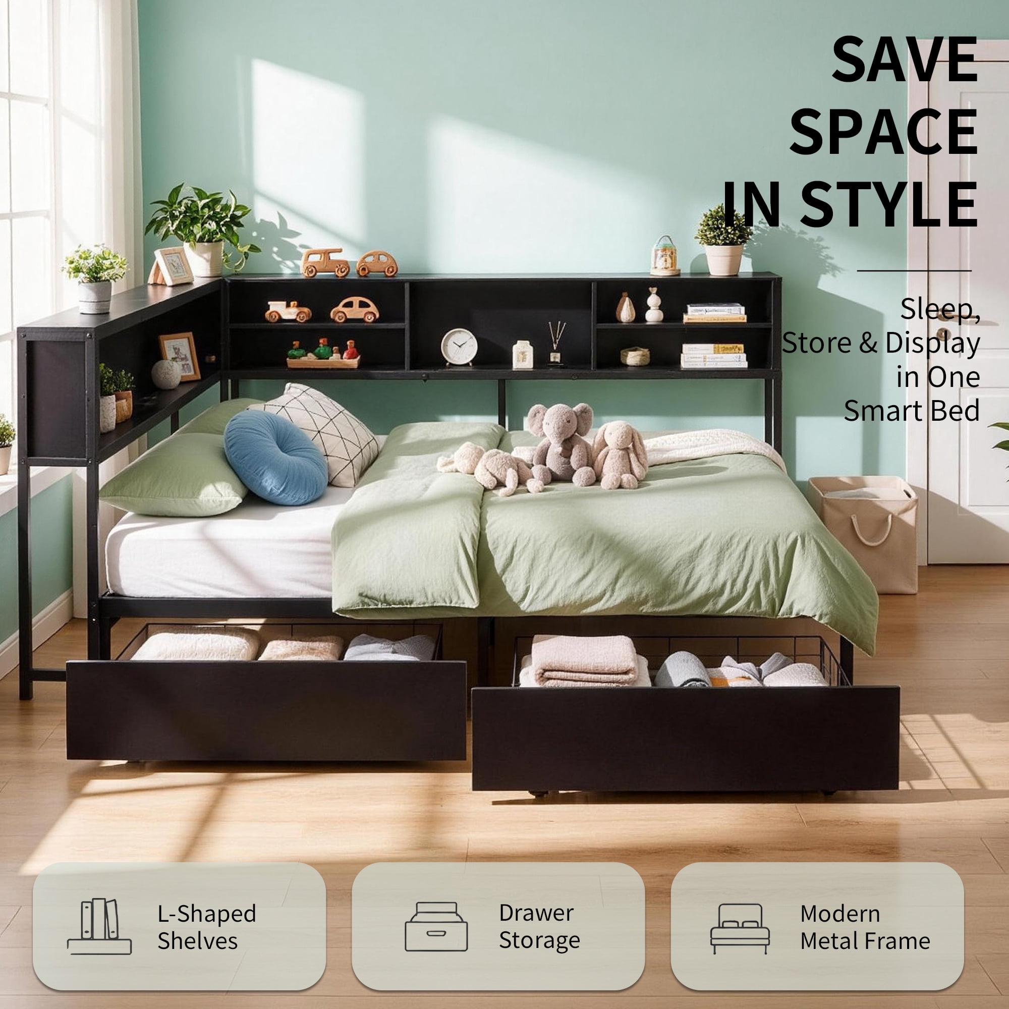 Miniyam Twin Daybed with 2 Storage Drawers, LED Lights & Charging Station, Black