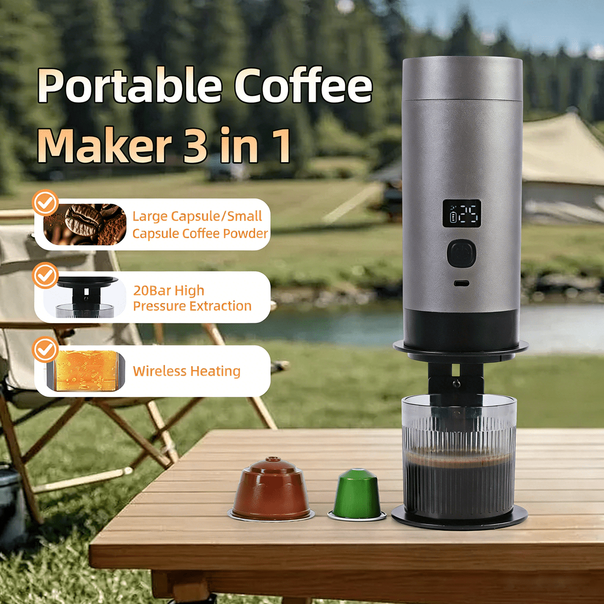 Wireless Mini Espresso Machine; Portable Coffee Maker for Travel/Camping/Office; 3-in-1 Single Serve Coffee Maker; Compatible with Capsules&Ground Coffee; Gifts for Espresso Lovers. Green