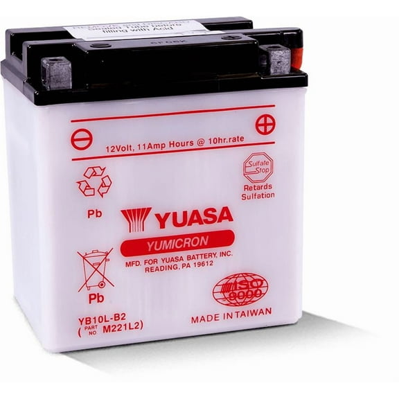 Yuasa Yumicron YB10L-B2 12V Conventional Motorcycle Battery, 11Ah 120 CCA, Dry Charged (YUAM221L2)