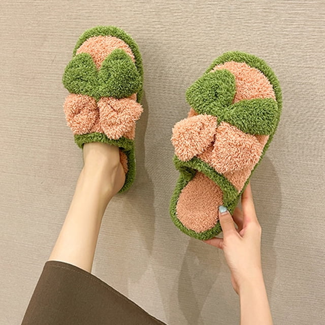 Teissuly Women's Home Cotton Slippers Big Bowknot Clashing Color Cotton Slippers, Women's Cute Plush Color Blocking Cotton Slippers, Warm Plush Cotton Slippers Soft Sole Teissuly WER202312146636