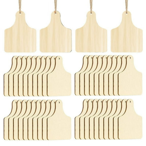 120 Pieces Wooden Cow Ear Tags Unfinished Wood Hanging Cow Tags with Ropes for DIY Craft Christmas Decor