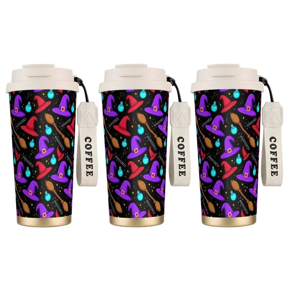 1pc Skull Tumbler 18oz Witch Hat & Magic Broomstick, Purple Halloween Theme Travel Coffee Tumbler