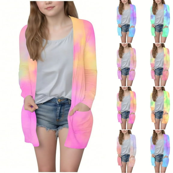 MKOSPLRT 5-14Y Long Cardigans for Girl Tie Dye Fall Cardigan Sweaters Open Front Long Sleeve Lightweight Cardigan Jacket with Pocket
