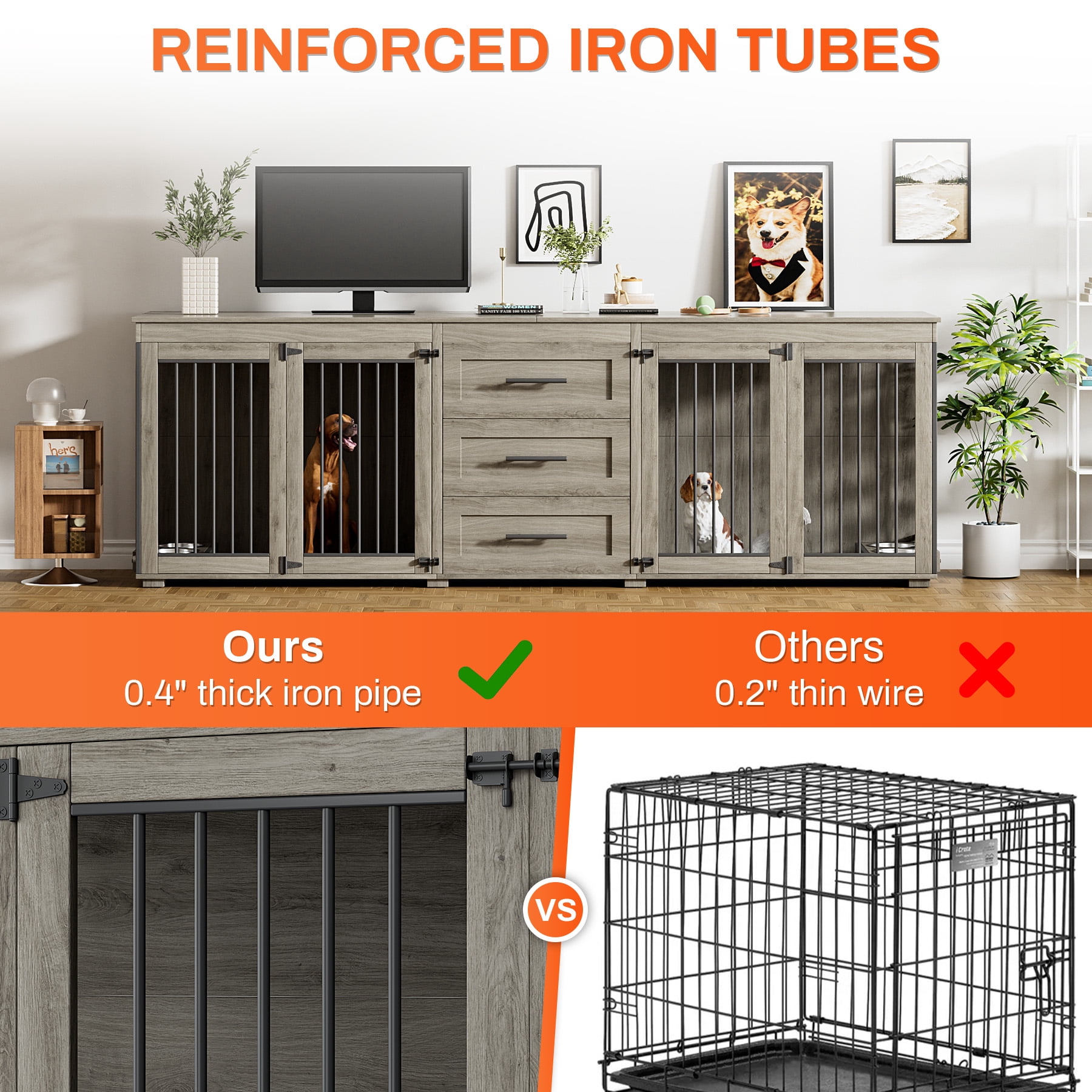 Rophefx 95.4" Dog Crate Furniture for 2 Dogs,Large Kennel with 3 Drawers and 4 Bowls,Wooden Heavy Duty Indoor Dog House,Grey