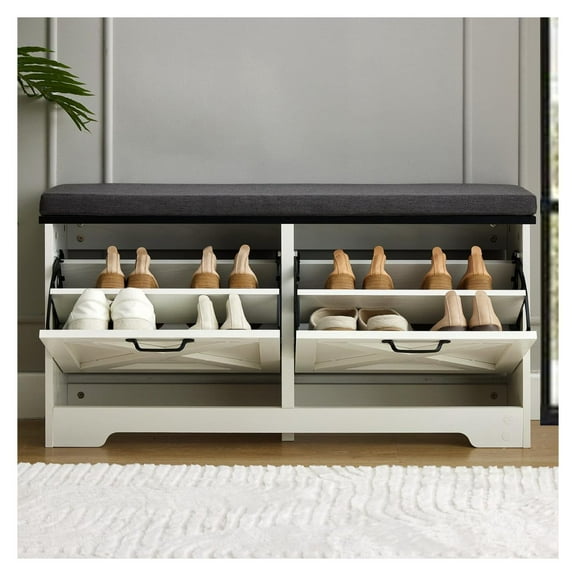 White Shoe Storage with Cushion, 2-Drawer Shoe Cabinet Organizer for Entryway - 2-Tier Shoe Rack for Hallway, Bedroom, Removable Seat