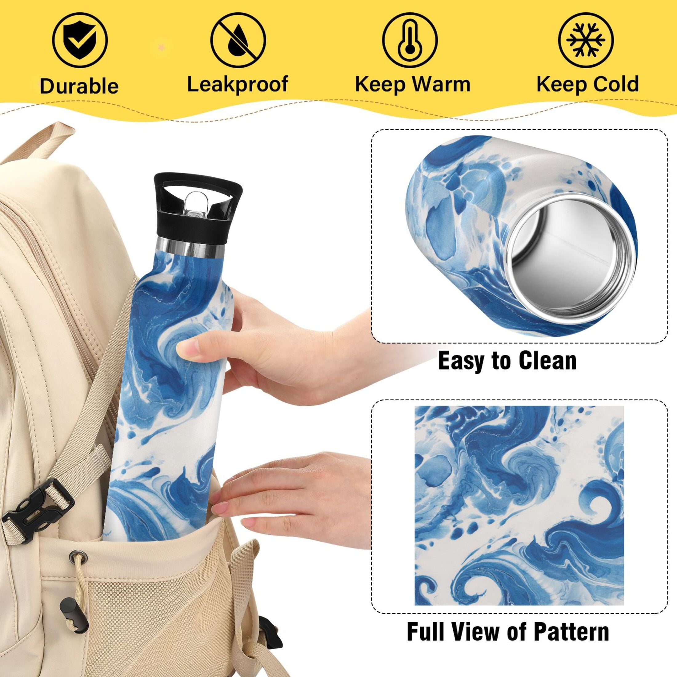 Kids Insulated Stainless Steel Sports Water Bottle 600ml (20oz) Indigo Blue Tie-dye Pattern