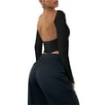 thumbnail image 3 of Franhais Women's Long Sleeve Cropped Tops, Solid Color Round Neck Backless Show Navel T-shirt, 3 of 9
