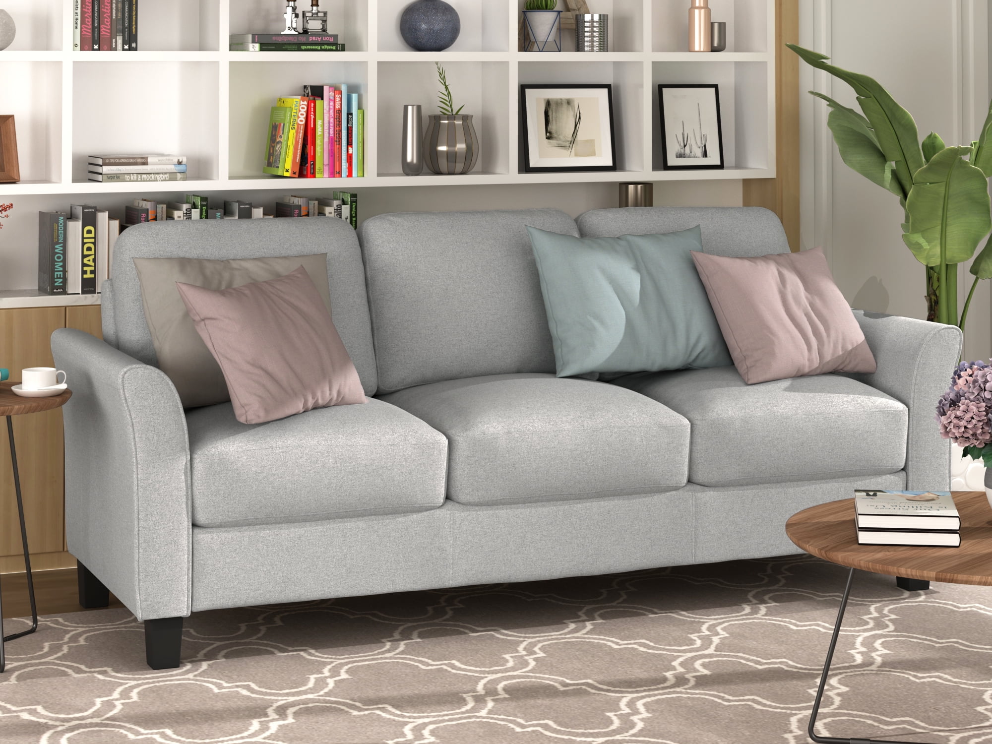 Kepooman 3-Seat Curved Arm Linen Fabric Sofa for Living Room, 76" x 29" x 33", Light Gray
