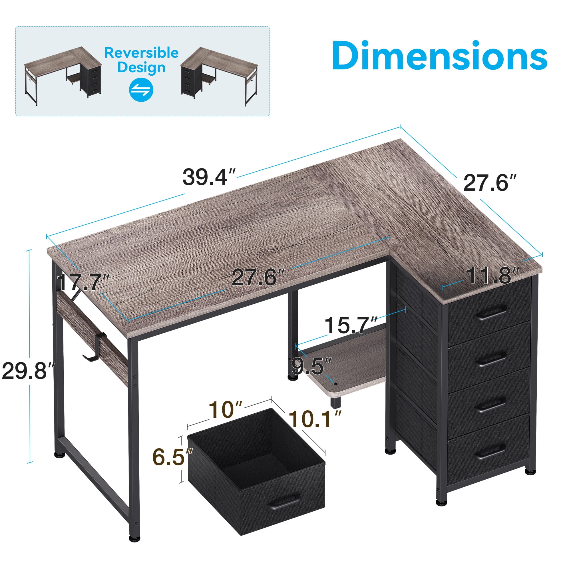 40 inch Computer Desk with 4 Fabric Drawers — Home Office Desks with Storage, Writing Desk with Side Hook, Desk Study/Work Table for Bedroom and Small Space, Oak Grey