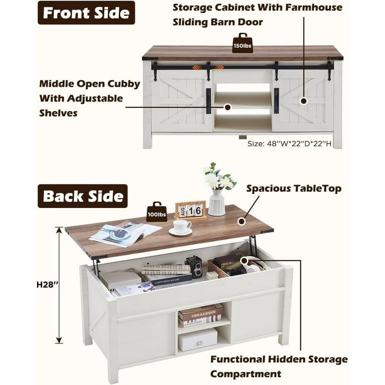 Farmhouse Lift Top Coffee Table - White, Square, Barn Door, Hidden Storage, Adjustable Shelf 4 thumbnail image