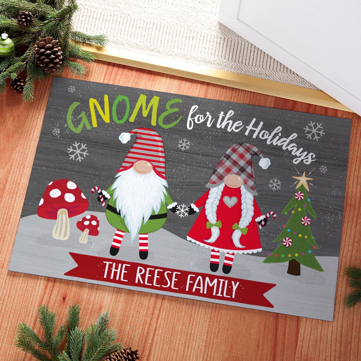 Personalized Planet 27x18 Gnome For The Holidays Christmas Doormat with Custom Family Name Printed on Colorful Rectangular 1/8” Thick Non Slip Mat for Kitchen Hallway Deck or Porch