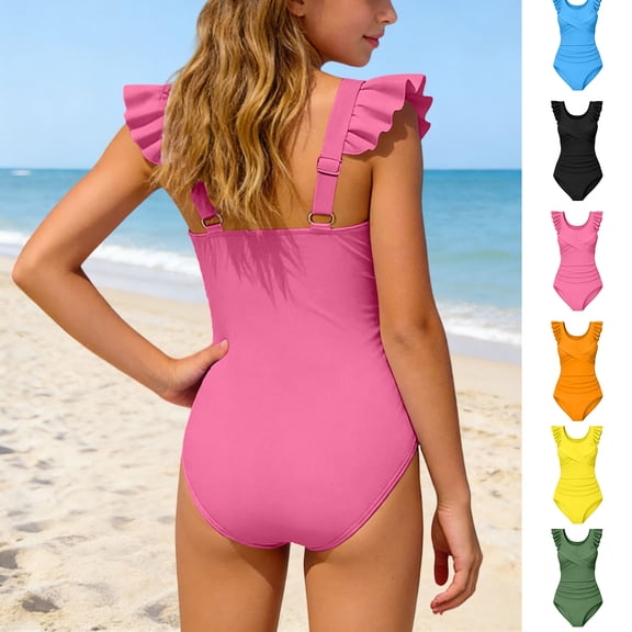 Girls Bathing Suit 1 Piece Swimsuits Pink Girls Ruffles Adjustable Straps Tween Swimwear Summer Clothes 9-10 Years