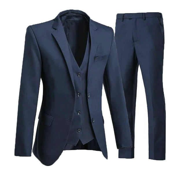Wehilion Mens Navy Suit 3 Piece Slim Fit Tuxedo Jacket Vest Pants L ...