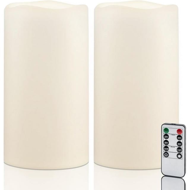 2 Pack 6" x 4" Outdoor Plastic Electric flameless Candles with Remote Control and Timer, Battery Operated Flickering LED Pillar Fake Candle for Home, Wedding Decor, Ivory